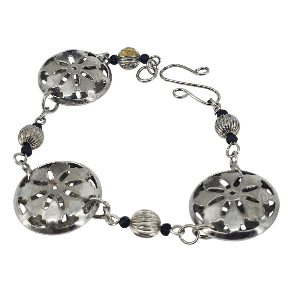 Vintage Silver tone Filigree Puffy Disc Chunky Bracelet Handmade 8" Asian